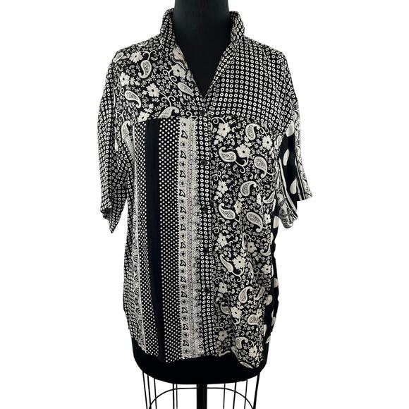 VTG SPORTIQUE Black White Mixed Print Short Sleeve Button Down Shirt Size M NEW - Picture 1 of 7